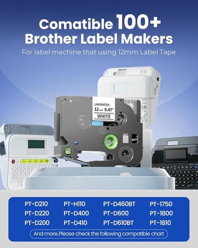Replace for Brother Label Maker Tape TZe TZ 12mm 0.47 Laminated White Tape TZe-231 Compatible with P-Touch 1/2" Black on White TZE231 for PT-D220 D210 H110 D200 D400 1280 D610BT Ptouch Refills, 5-Pack in Saudi Arabia