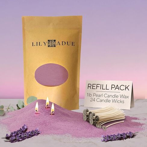 LILY LADUE Sand Candle Refill Kit - 1Lb/16Oz Lavender Scented Aroma Beads, Purple Pearled Candles Sand and Wicks (24) Without Holder, Decorative Reusable Powder Pearls Bulk Wax Pearls, Refillable Set in Saudi Arabia