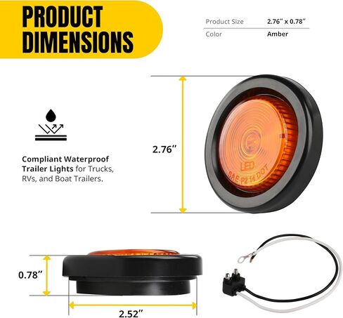 MAXXHAUL 51213 2 بوصة ضوء علامة جانبية LED كهرماني مستدير مع حلقة معدنية، مصباح عاكس P2 عاكس متوافق مع DOT للمقطورة والشاحنة وRV - 6 عبوات in Kuwait