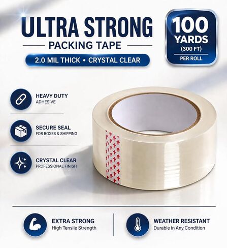 Ultra Strong Packing Tape 2.0 Mil – Clear Moving & Shipping Tape,100 Yards (300 ft) per Roll, Heavy Duty Adhesive, Single Roll for Boxes & Storage in Kuwait