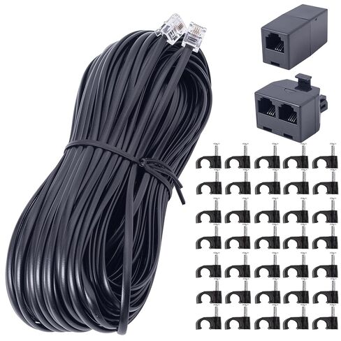 Phone Extension Cord 100FT Long Phone Cable Line Wire, with Standard RJ11 Plug andIncludes Telephone Inline Coupler RJ11 Splitter and 35Cable Clip Holders, Black in Saudi Arabia