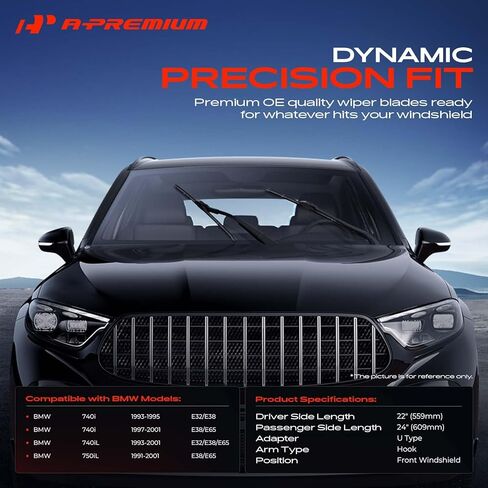 شفرات ممسحة الزجاج الأمامي A-Premium 22 بوصة + 24 بوصة متوافقة مع BMW 740i 1993-1995/1997-2001، 740iL 1993-2001، 750iL 1991-2001 - تناسب ذراع ممسحة J-Hook، مع مؤشر التآكل ومنشفة (عبوة من 2) in Kuwait