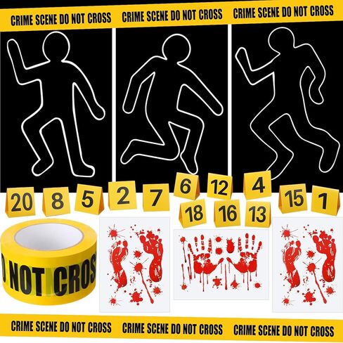Hiboom 27 Pcs Crime Decorations Kits, Body Silhouette Crime Tape Evidence Markers and Bloody Footprint Sticker Evidence Party Decor for Halloween Murder Mystery Themed Party Decor in Kuwait
