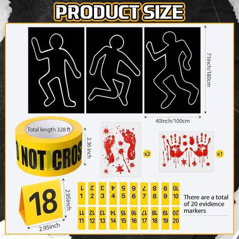 Hiboom 27 Pcs Crime Decorations Kits, Body Silhouette Crime Tape Evidence Markers and Bloody Footprint Sticker Evidence Party Decor for Halloween Murder Mystery Themed Party Decor in Kuwait