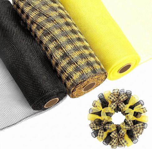 Shappy 3 Pack Spring Summer Deco Mesh 10 Inches x 26 Yards Deco Mesh Ribbon for Wreaths Poly Burlap Mesh Ribbon for Spring Summer World Bee Day Decor Wrapping Craft(Black, Yellow) in Saudi Arabia