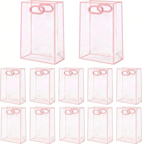 BeSlivewell 12 Pcs Clear Gift Bags with Handles 7.1"x10.2"x3.2" Plastic Party Favor Bag with Ribbon Reusable Goodie Bags Transparent Gift Wrap Bag Bulks for Bridal Wedding Birthday (Pink) in Saudi Arabia
