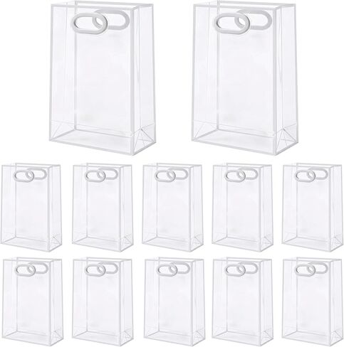 BeSlivewell 12 Pcs Clear Gift Bags with Handles 7.1"x10.2"x3.2" Plastic Party Favor Bag with Ribbon Reusable Goodie Bags Transparent Gift Wrap Bag Bulks for Bridal Wedding Birthday (Pink) in Saudi Arabia