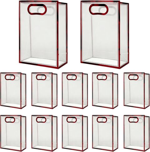 BeSlivewell 12 Pcs Clear Gift Bags with Handles 7.1"x10.2"x3.2" Plastic Party Favor Bag with Ribbon Reusable Goodie Bags Transparent Gift Wrap Bag Bulks for Bridal Wedding Birthday (Pink) in Saudi Arabia