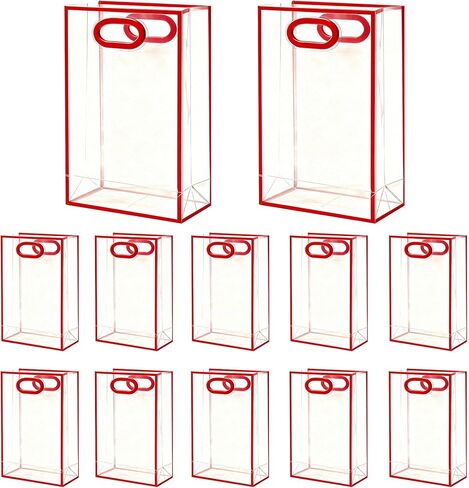 BeSlivewell 12 Pcs Clear Gift Bags with Handles 7.1"x10.2"x3.2" Plastic Party Favor Bag with Ribbon Reusable Goodie Bags Transparent Gift Wrap Bag Bulks for Bridal Wedding Birthday (Pink) in Saudi Arabia