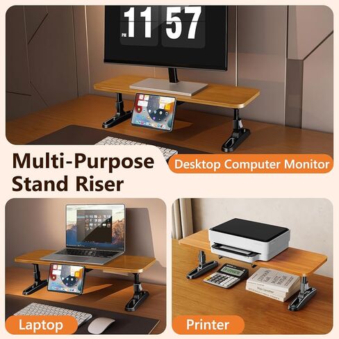 Wooden Monitor Stand Riser with Height Adjustable Button, Ergonomic Computer & Laptop Stand with Hidden Tablet Holder, Keyboard Storage & Desktop Organizer for Home Office Kitchen in Saudi Arabia