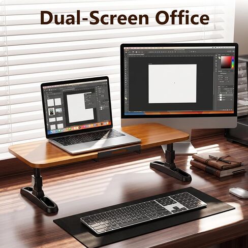 Wooden Monitor Stand Riser with Height Adjustable Button, Ergonomic Computer & Laptop Stand with Hidden Tablet Holder, Keyboard Storage & Desktop Organizer for Home Office Kitchen in Saudi Arabia