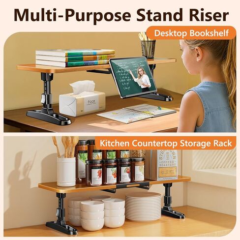 Wooden Monitor Stand Riser with Height Adjustable Button, Ergonomic Computer & Laptop Stand with Hidden Tablet Holder, Keyboard Storage & Desktop Organizer for Home Office Kitchen in Saudi Arabia