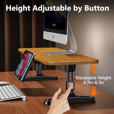 Wooden Monitor Stand Riser with Height Adjustable Button, Ergonomic Computer & Laptop Stand with Hidden Tablet Holder, Keyboard Storage & Desktop Organizer for Home Office Kitchen in Saudi Arabia