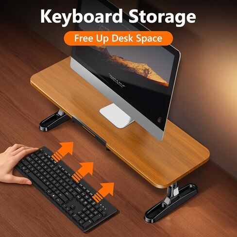 Wooden Monitor Stand Riser with Height Adjustable Button, Ergonomic Computer & Laptop Stand with Hidden Tablet Holder, Keyboard Storage & Desktop Organizer for Home Office Kitchen in Saudi Arabia