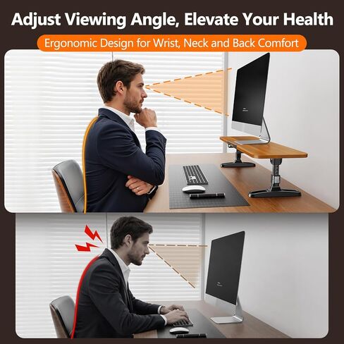 Wooden Monitor Stand Riser with Height Adjustable Button, Ergonomic Computer & Laptop Stand with Hidden Tablet Holder, Keyboard Storage & Desktop Organizer for Home Office Kitchen in Saudi Arabia