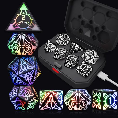7PCS LED DND Dice Set,Rechargeable Glow in The Dark Dice with Charging Storage Box, D4 D6 D8 D10 D12 D20 Polyhedral Role Playing D&D Dice for RPG Dungeons & Dragons Table Games Gift for DND Players in Saudi Arabia