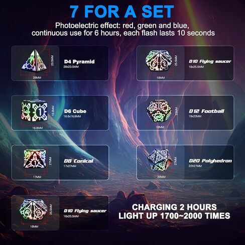 7PCS LED DND Dice Set,Rechargeable Glow in The Dark Dice with Charging Storage Box, D4 D6 D8 D10 D12 D20 Polyhedral Role Playing D&D Dice for RPG Dungeons & Dragons Table Games Gift for DND Players in Saudi Arabia
