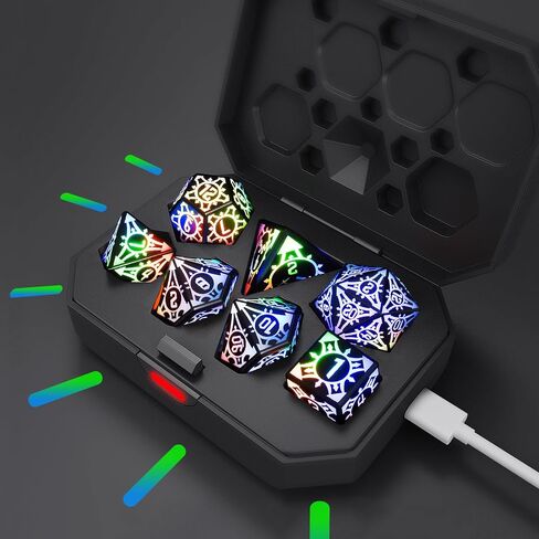 7PCS LED DND Dice Set,Rechargeable Glow in The Dark Dice with Charging Storage Box, D4 D6 D8 D10 D12 D20 Polyhedral Role Playing D&D Dice for RPG Dungeons & Dragons Table Games Gift for DND Players in Saudi Arabia