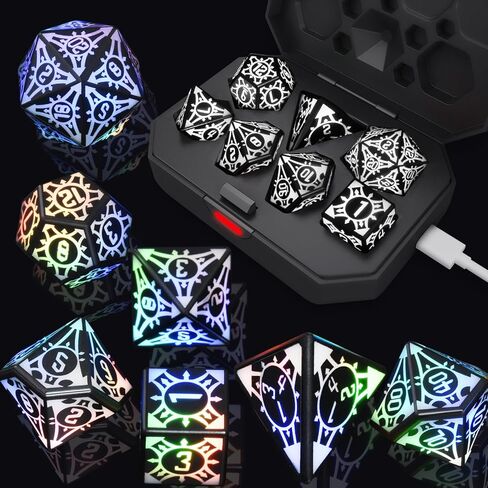 7PCS LED DND Dice Set,Rechargeable Glow in The Dark Dice with Charging Storage Box, D4 D6 D8 D10 D12 D20 Polyhedral Role Playing D&D Dice for RPG Dungeons & Dragons Table Games Gift for DND Players in Saudi Arabia