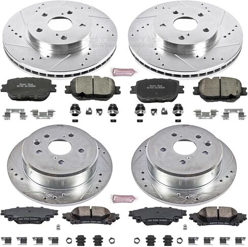 طقم فرامل أمامية وخلفية PowerStop لسيارة Lexus IS250 2014-15 - دوارات قرصية محفورة ومشقوقة مع استبدال وسادات فرامل سيراميك من ألياف الكربون، K6989 in Kuwait