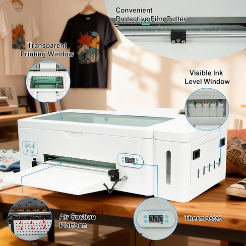 طابعة A3 L1800 DTF مع قاطعة أفلام، آلة طباعة نقل الملابس عالية السرعة مقاس A3 13 بوصة L1800 DTF مع دوران الحبر الأبيض والتنظيف التلقائي، تتضمن البرامج والملحقات (التثبيت عن بعد) in Kuwait