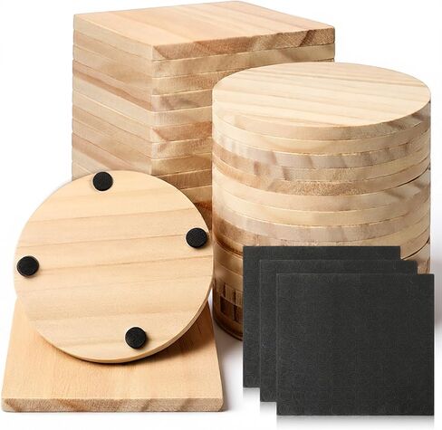 54 Pcs Unfinished Wood Coasters 4 Inch Round & Square Blank Wooden Coasters for Crafts Blank Coaster with Non Slip Pad for DIY Stained Painting Wood Engraving Home Decoration Gift in Saudi Arabia