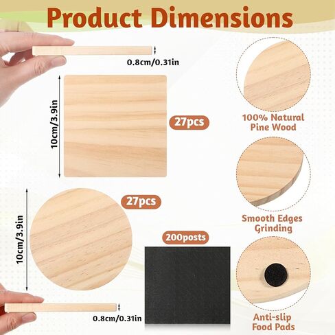 54 Pcs Unfinished Wood Coasters 4 Inch Round & Square Blank Wooden Coasters for Crafts Blank Coaster with Non Slip Pad for DIY Stained Painting Wood Engraving Home Decoration Gift in Saudi Arabia