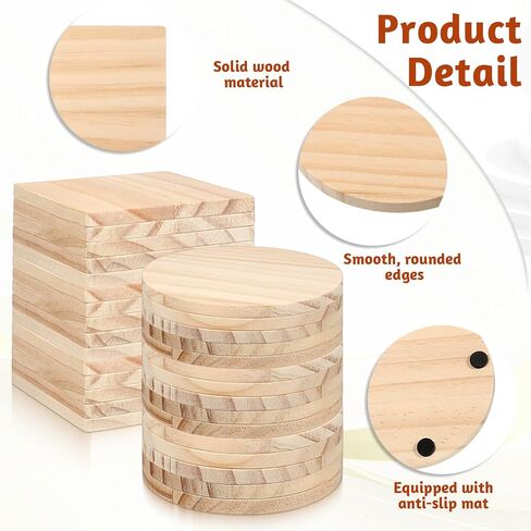 54 Pcs Unfinished Wood Coasters 4 Inch Round & Square Blank Wooden Coasters for Crafts Blank Coaster with Non Slip Pad for DIY Stained Painting Wood Engraving Home Decoration Gift in Saudi Arabia