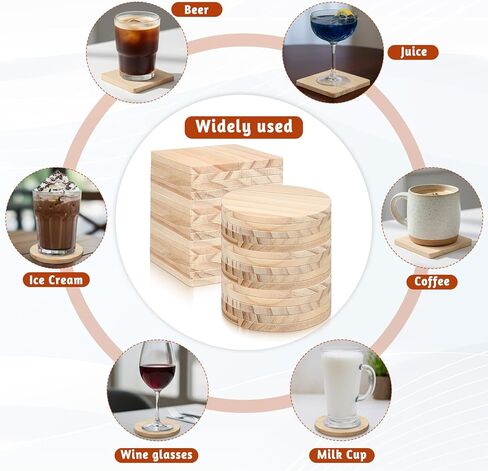 54 Pcs Unfinished Wood Coasters 4 Inch Round & Square Blank Wooden Coasters for Crafts Blank Coaster with Non Slip Pad for DIY Stained Painting Wood Engraving Home Decoration Gift in Saudi Arabia