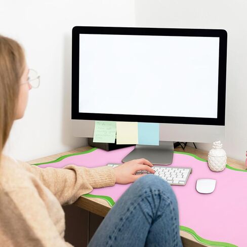 JarThenaAMCS Scalloped Desk Mat Large Mouse Pad Pink Green Stitched Nonslip Rubber Base Table Pad Waterproof Keyboard Mat for Home Office Dorm Computer Laptop Countertop Decor, 31.5 x 15.7 inch in Kuwait