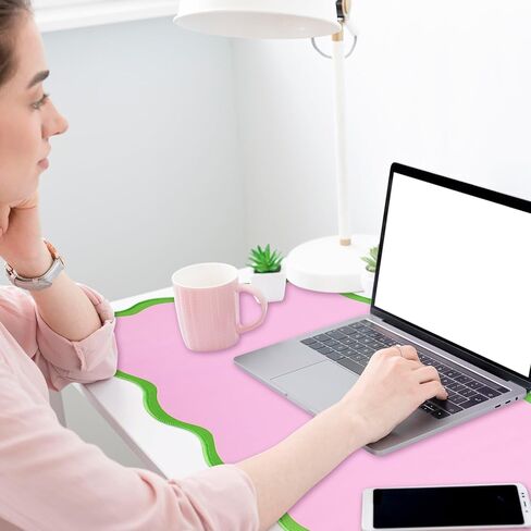 JarThenaAMCS Scalloped Desk Mat Large Mouse Pad Pink Green Stitched Nonslip Rubber Base Table Pad Waterproof Keyboard Mat for Home Office Dorm Computer Laptop Countertop Decor, 31.5 x 15.7 inch in Kuwait