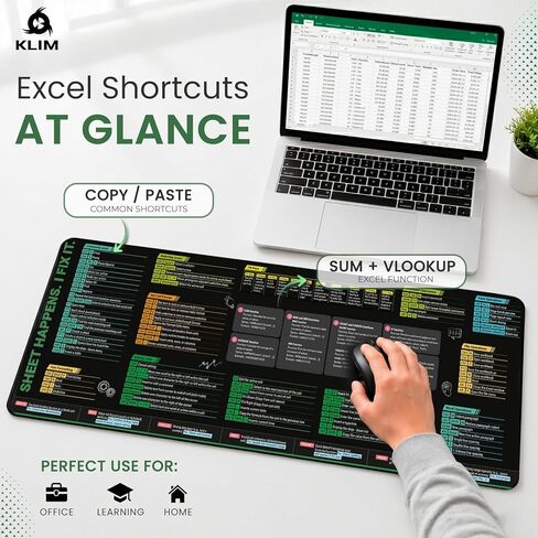 KLIM Excel Cheat Sheet Desk Pad XL 31.5" x 11.8" – Large Mouse Pad with Shortcuts & Formulas, Quick Reference Cheat Sheet for Microsoft Excel, Waterproof Non-Slip Desk Mat in Kuwait