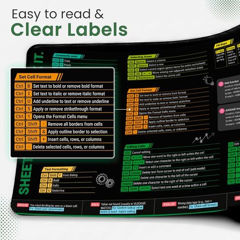 KLIM Excel Cheat Sheet Desk Pad XL 31.5" x 11.8" – Large Mouse Pad with Shortcuts & Formulas, Quick Reference Cheat Sheet for Microsoft Excel, Waterproof Non-Slip Desk Mat in Kuwait