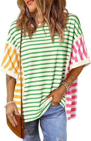 Tankaneo Womens Oversized Striped T-Shirts Color Block Short Sleeve Tee Tops Summer Casual High Low Hem Shirts in Kuwait