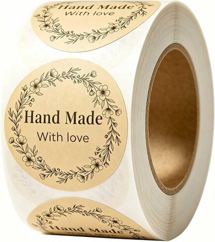 500 PCS Thank You Stickers 1.5 Inch Round Kraft Paper Labels, Floral Wreath Handmade with Love Stickers for Small Business Packaging, Self Adhesive Rustic Handmade Labels in Saudi Arabia