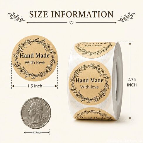 500 PCS Thank You Stickers 1.5 Inch Round Kraft Paper Labels, Floral Wreath Handmade with Love Stickers for Small Business Packaging, Self Adhesive Rustic Handmade Labels in Saudi Arabia