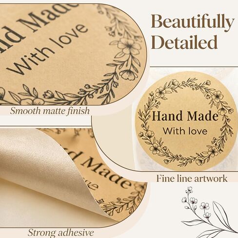 500 PCS Thank You Stickers 1.5 Inch Round Kraft Paper Labels, Floral Wreath Handmade with Love Stickers for Small Business Packaging, Self Adhesive Rustic Handmade Labels in Saudi Arabia