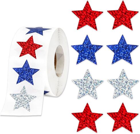 4th of July Stickers Patriotic Red White Blue Glitter Star Stickers Waterproof Vinyl Print Label Self-Adhesive Sticker for Independence Day Memorial Day Seal Card, Envelopes,Party Supplies 500Pcs in Kuwait