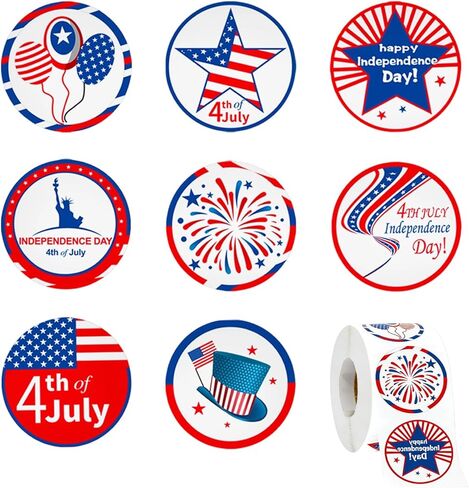 4th of July Stickers Patriotic Red White Blue Glitter Star Stickers Waterproof Vinyl Print Label Self-Adhesive Sticker for Independence Day Memorial Day Seal Card, Envelopes,Party Supplies 500Pcs in Kuwait