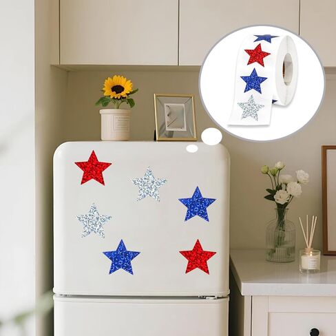 4th of July Stickers Patriotic Red White Blue Glitter Star Stickers Waterproof Vinyl Print Label Self-Adhesive Sticker for Independence Day Memorial Day Seal Card, Envelopes,Party Supplies 500Pcs in Kuwait