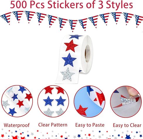 4th of July Stickers Patriotic Red White Blue Glitter Star Stickers Waterproof Vinyl Print Label Self-Adhesive Sticker for Independence Day Memorial Day Seal Card, Envelopes,Party Supplies 500Pcs in Kuwait