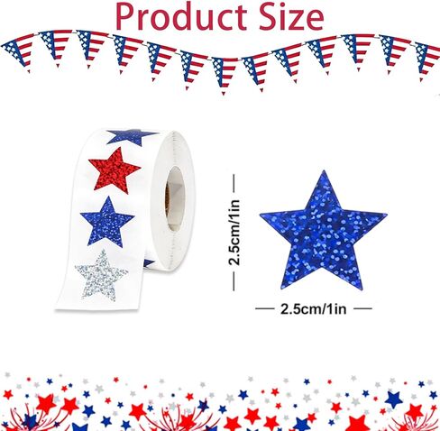 4th of July Stickers Patriotic Red White Blue Glitter Star Stickers Waterproof Vinyl Print Label Self-Adhesive Sticker for Independence Day Memorial Day Seal Card, Envelopes,Party Supplies 500Pcs in Kuwait