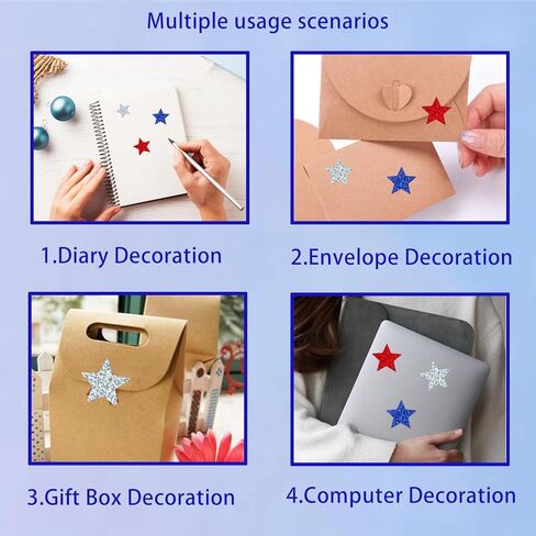 4th of July Stickers Patriotic Red White Blue Glitter Star Stickers Waterproof Vinyl Print Label Self-Adhesive Sticker for Independence Day Memorial Day Seal Card, Envelopes,Party Supplies 500Pcs in Kuwait