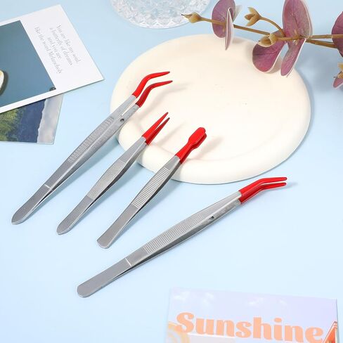Elegaperma 4pcs Jewelry Tweezers with Rubber Tips Set, Rubber Tipped Tweezers, Craft Tweezer for Stamps Beads Jewelry Tools, Red in Saudi Arabia
