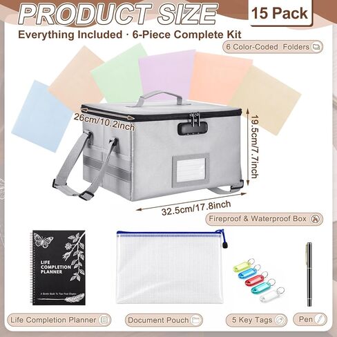 End of Life Organizer Kit, Next of Kin Box and Estate Planning Organizer with Fire & Water Resistant Foldable Document Box, Completion Checklist, 6 Folders, File Pouch, Key Tags and Pen in Kuwait