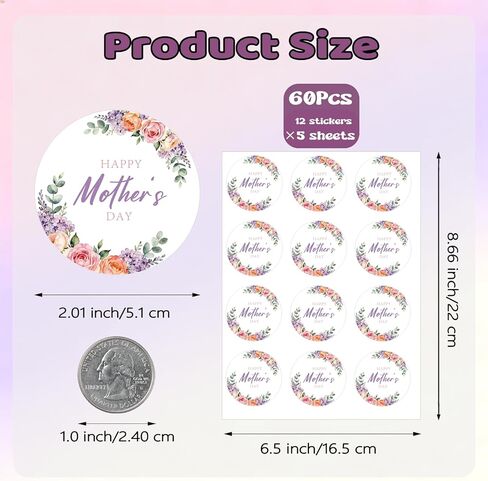 60Pcs Happy Mothers Day Stickers, 2" Mother's Day Labels, Self-Adhesive Mom Envelope Seals with Purple Floral for Mom's Birthday Present Wrap Goodie Bag Card Party Decors in Saudi Arabia