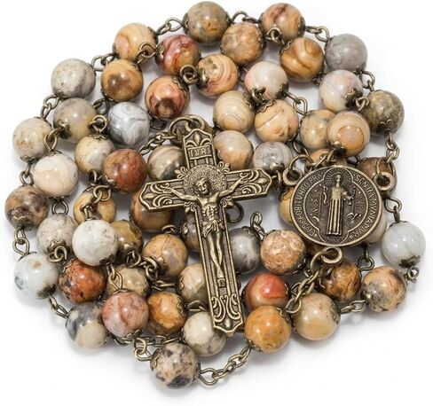 Nazareth Store Antique Bronze Rosary Necklace Genuine 8mm Stone Beads with St. Benedict Cross and Medal in Saudi Arabia