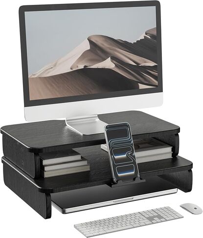 Dual-Layer Monitor Stand Riser, 2-Tier Ergonomic Desk Organizer with Hidden Phone Holder & Cable Management, Multi-use Desk Stand for Computer, Laptop, Office Supplies, Black in Kuwait