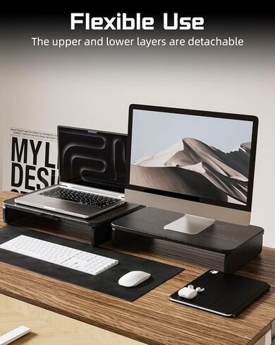 Dual-Layer Monitor Stand Riser, 2-Tier Ergonomic Desk Organizer with Hidden Phone Holder & Cable Management, Multi-use Desk Stand for Computer, Laptop, Office Supplies, Black in Kuwait