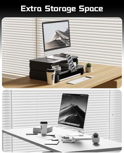 Dual-Layer Monitor Stand Riser, 2-Tier Ergonomic Desk Organizer with Hidden Phone Holder & Cable Management, Multi-use Desk Stand for Computer, Laptop, Office Supplies, Black in Kuwait